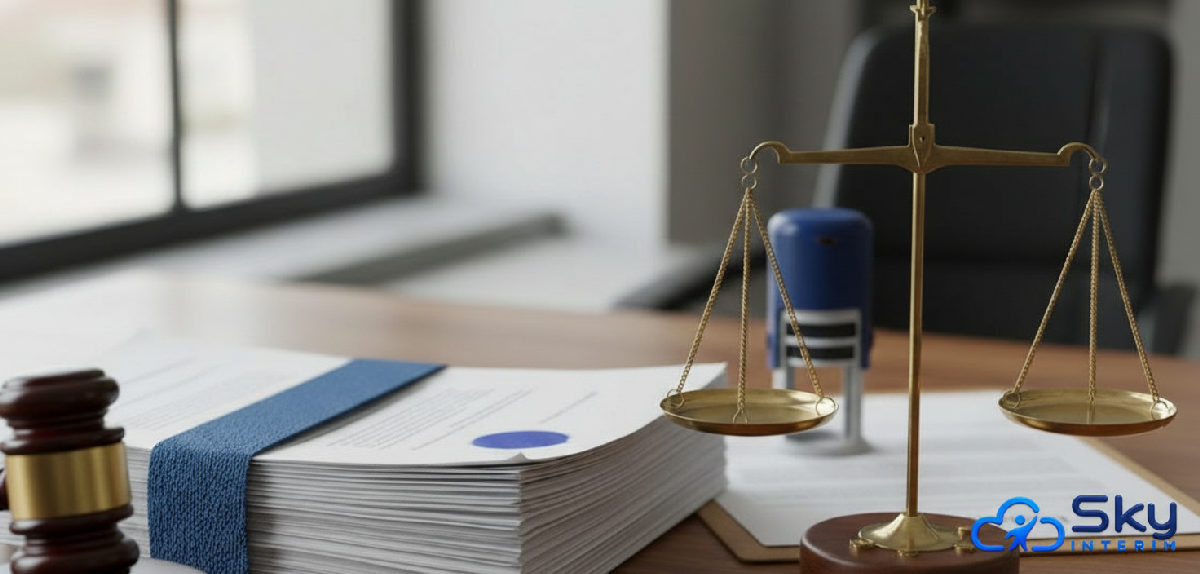Documents légaux, tampon et balance de justice pour agence de recrutement.