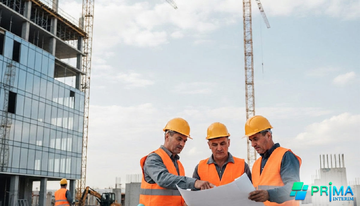 Ouvriers roumains sur un chantier de construction avec grues.