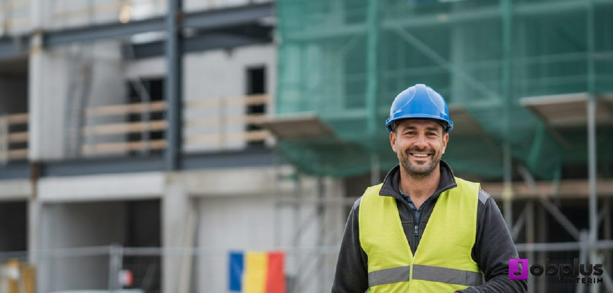 Ouvrier souriant sur chantier français, succès de l'intérim.