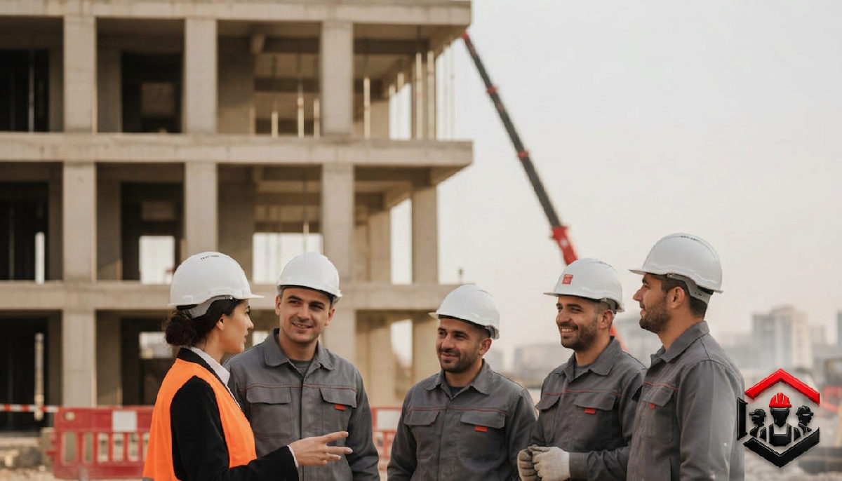 Gestionnaire discutant avec des travailleurs roumains sur un chantier.