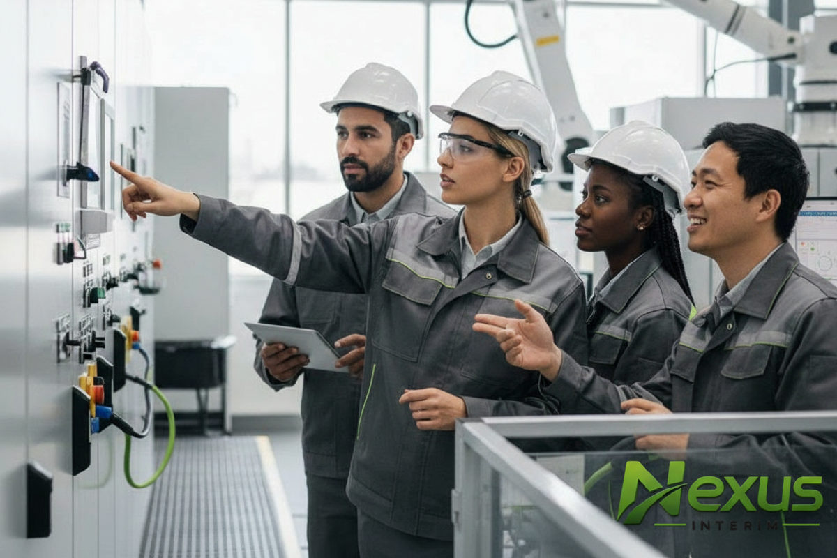 Travailleurs internationaux collaborant dans une usine moderne.