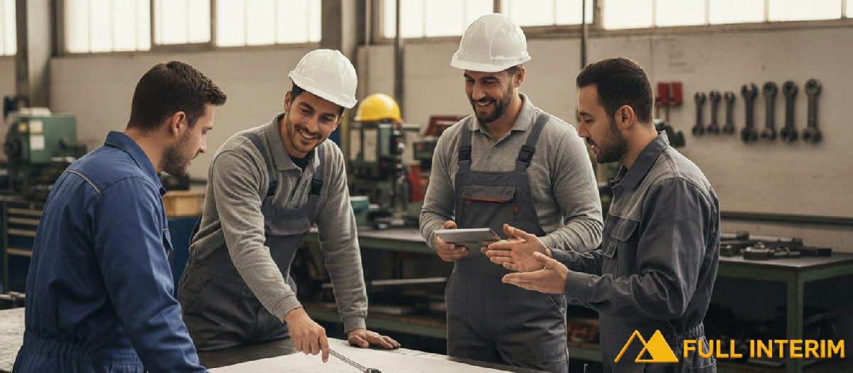 Atelier industriel : ouvriers français et roumains discutent des plans techniques.