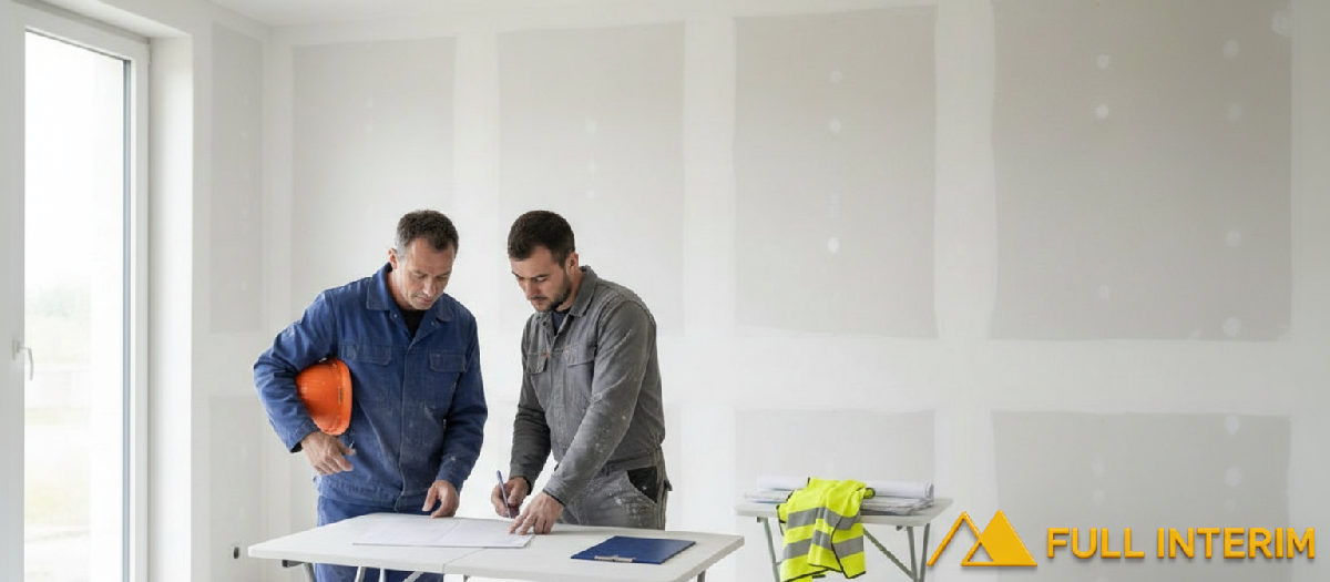 Réception de travaux entre un chef de chantier et un plaquiste.