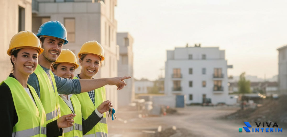 Travailleurs roumains souriants sur un chantier en France.