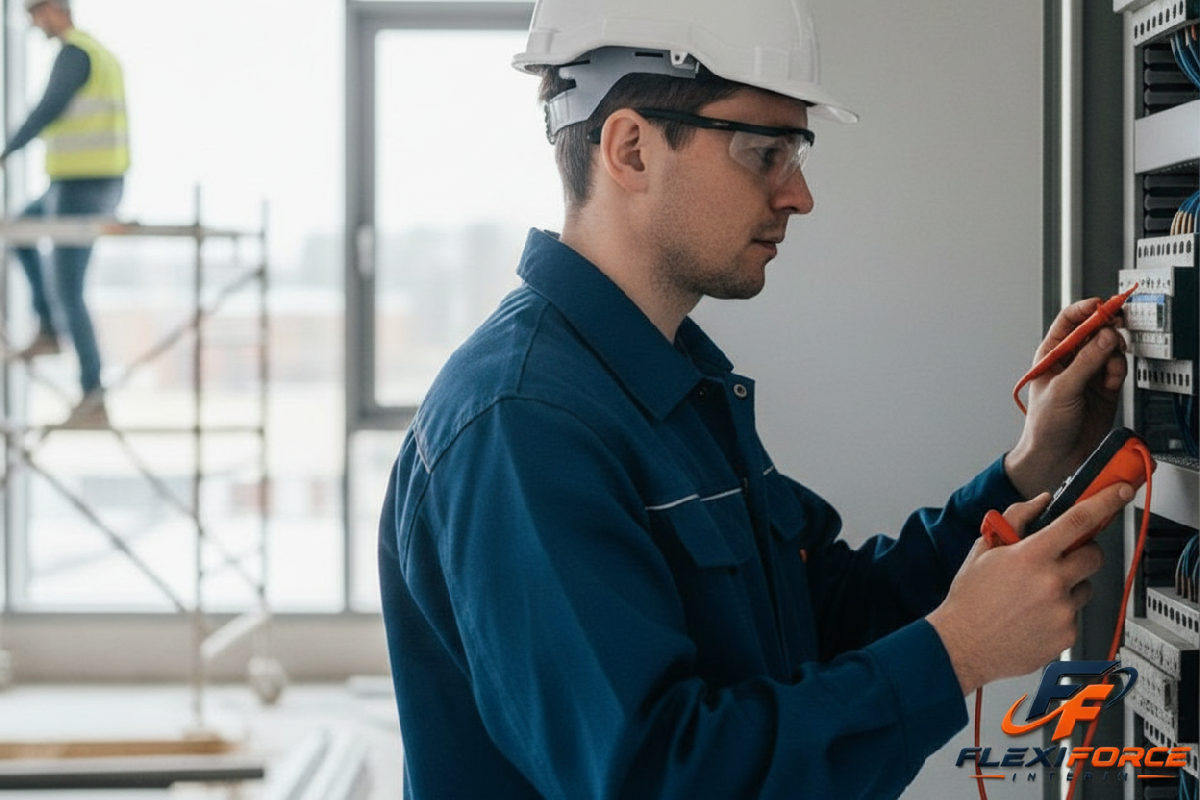 Inspecteur qualité vérifiant une installation électrique sur chantier.