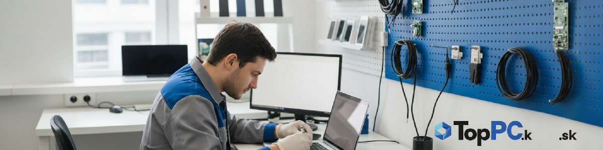 Technik diagnostikuje otvorený MacBook v servise TopPC.sk.