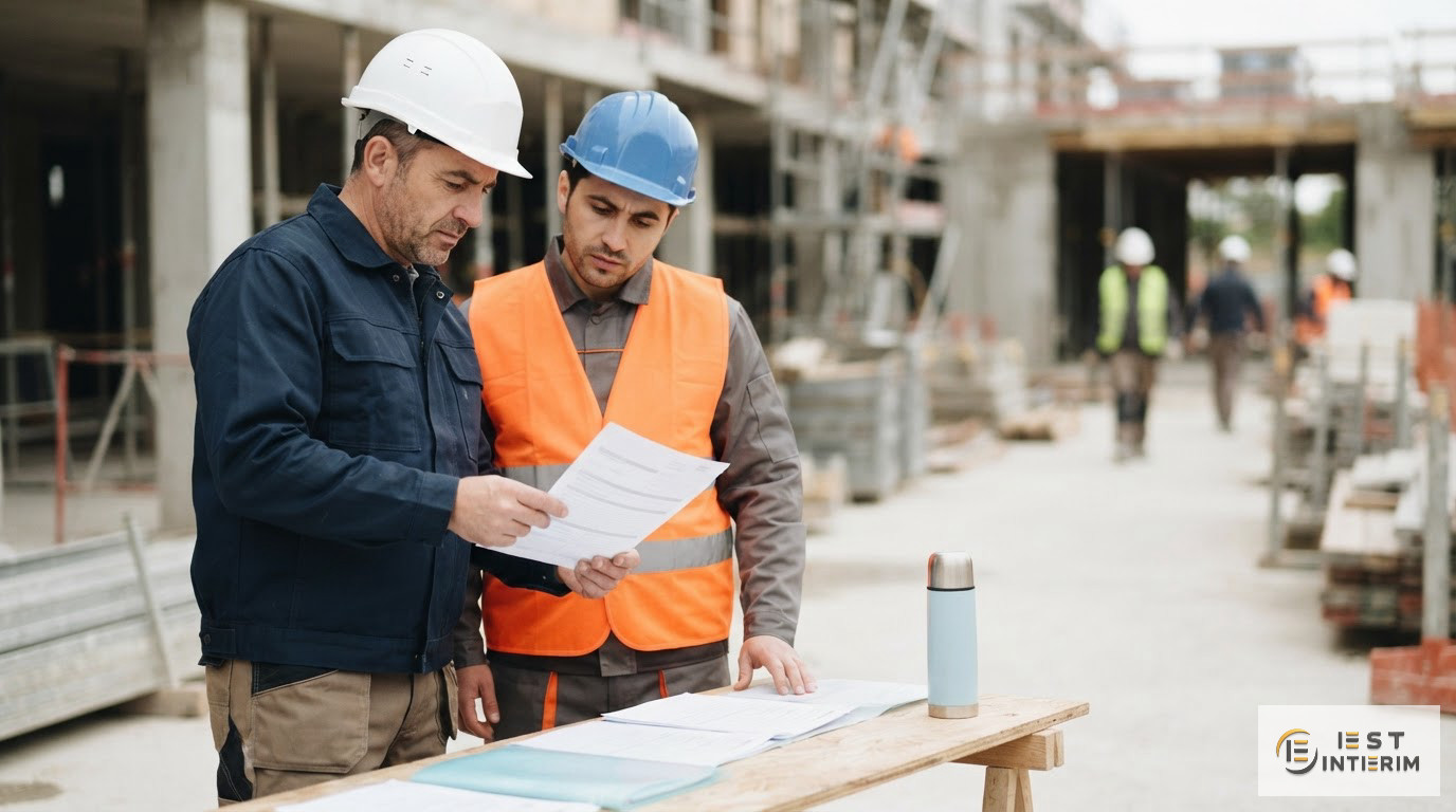 Un chef de chantier vérifiant les documents administratifs d'un ouvrier détaché.