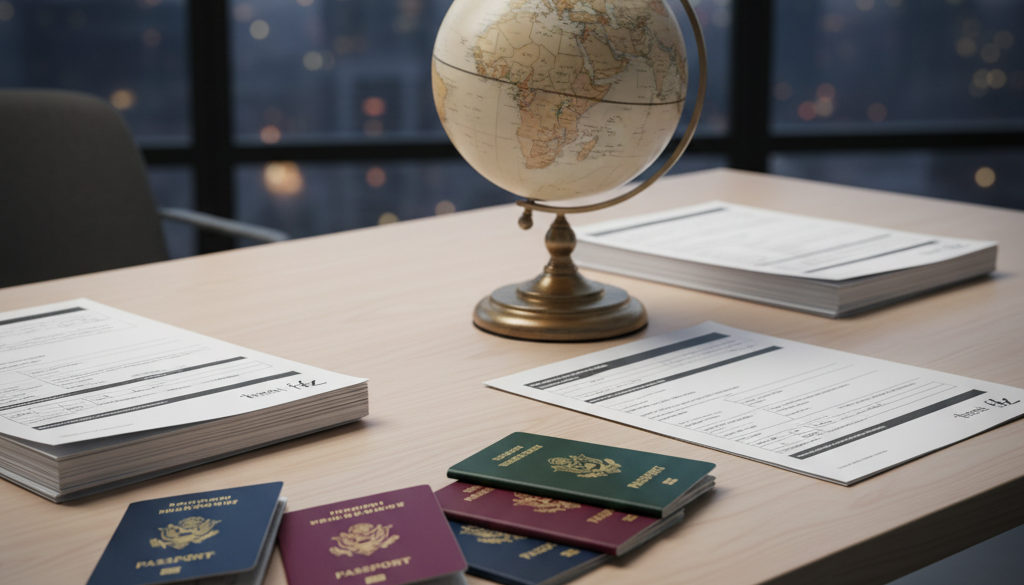certificats déclarations personnel itinérant international – Bureau moderne avec passeports et globe, symbolisant la conformi