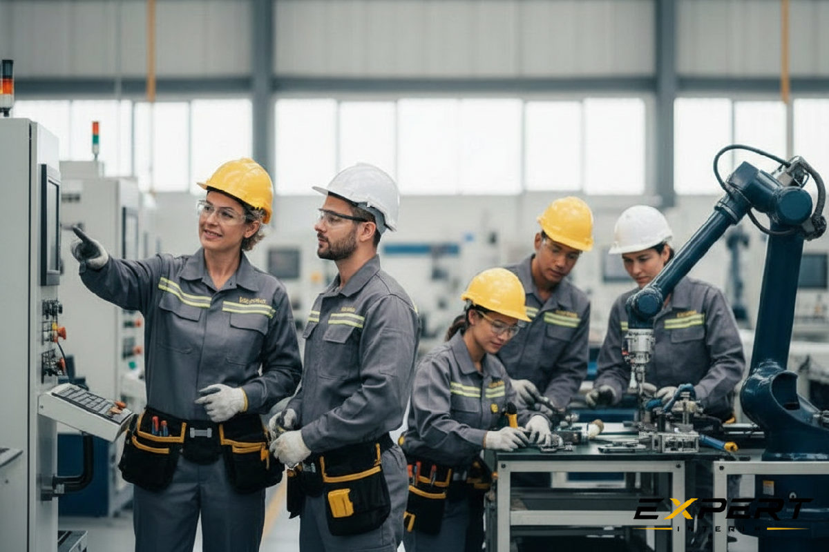 Équipe de techniciens travaillant sereinement avec des intérimaires.