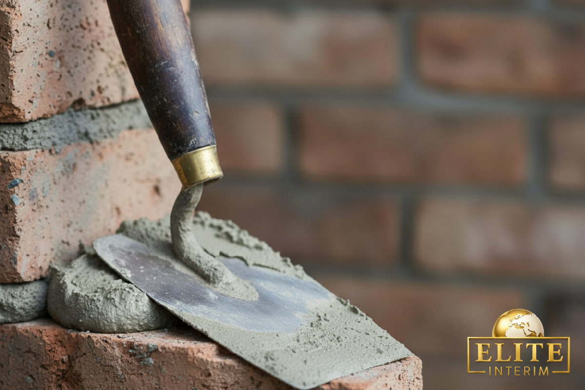 Gros plan sur une truelle et du mortier sur un mur en construction.