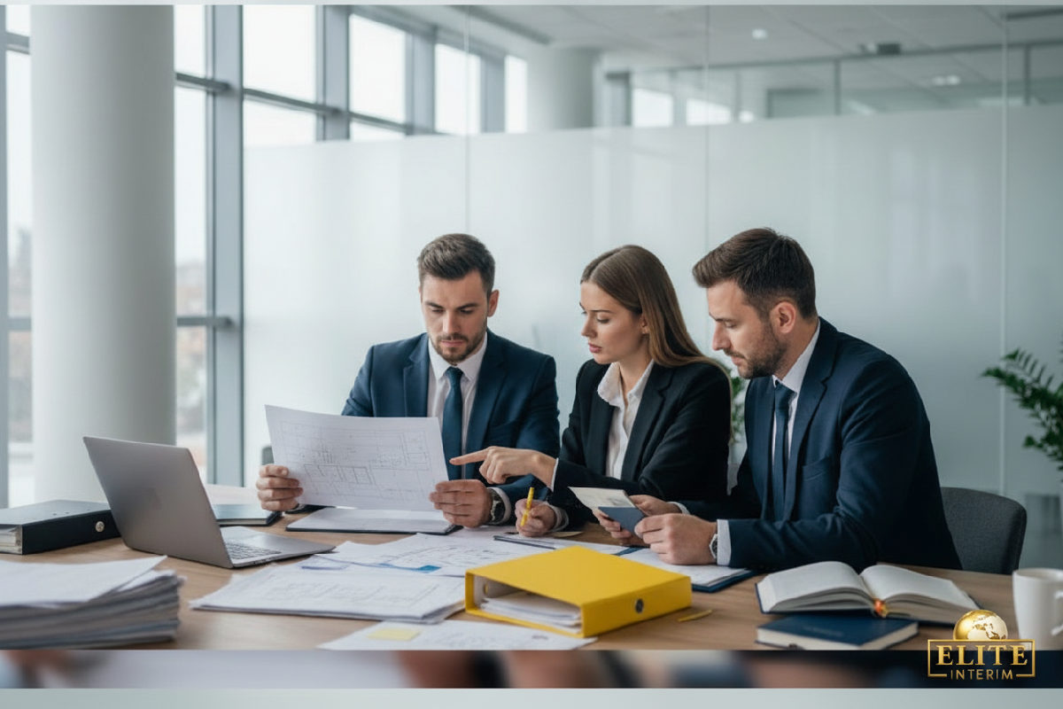Experts vérifiant des documents de conformité administrative.