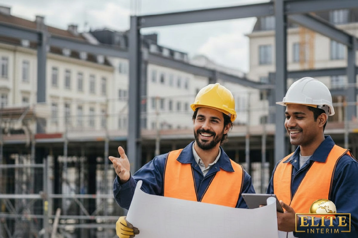 Équipe multiculturelle travaillant ensemble sur un chantier européen.