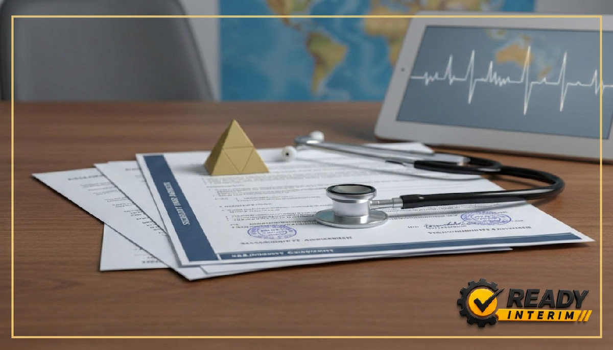 Documents de recrutement international et stéthoscope, symbolisant la conformité du personnel.