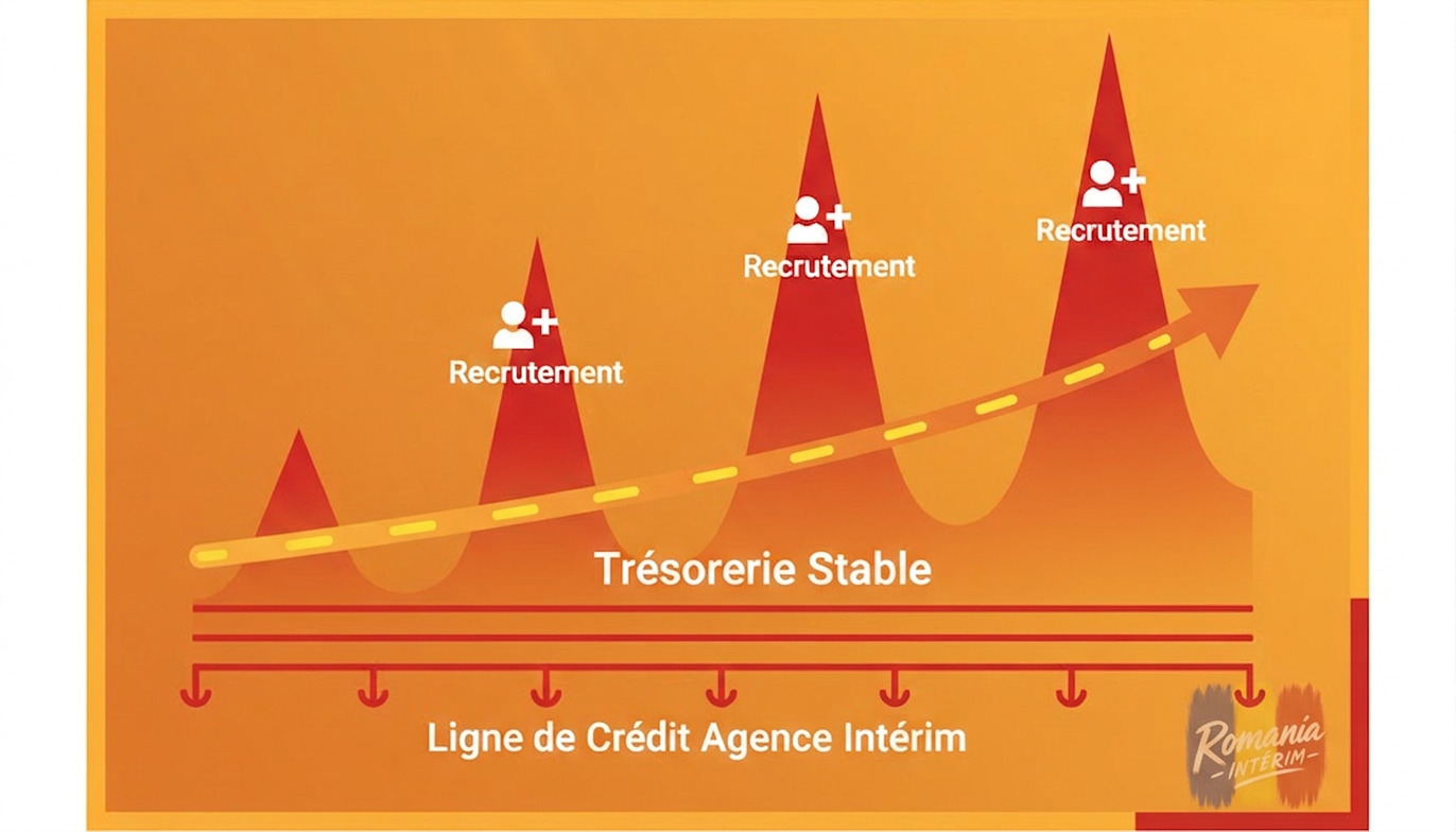 Graphique financier de trésorerie stable avec pics de recrutement.
