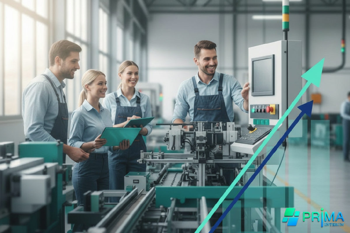 Graphique de productivité en hausse avec une équipe multiculturelle en usine.