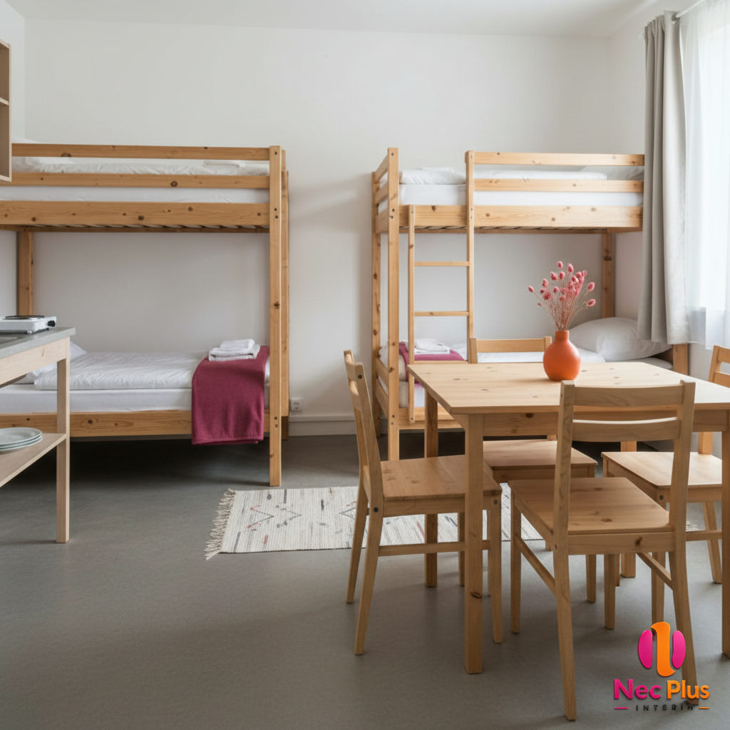 Logement pour travailleurs saisonniers : lits superposés, kitchenette, espace ordonné.