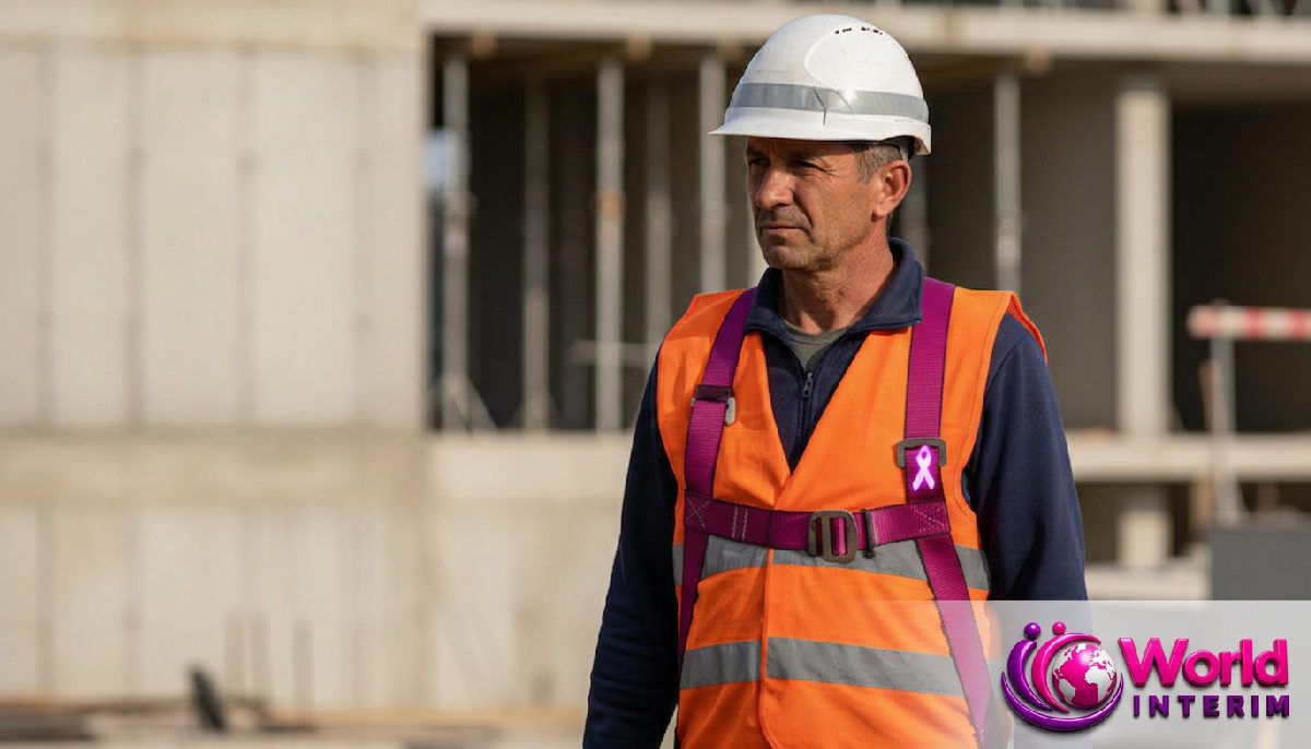 Intérimaire sur un chantier de construction en France.