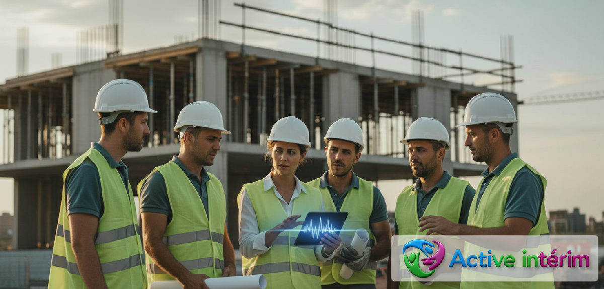 Travailleurs roumains qualifiés sur chantier, conformité vérifiée sur tablette.
