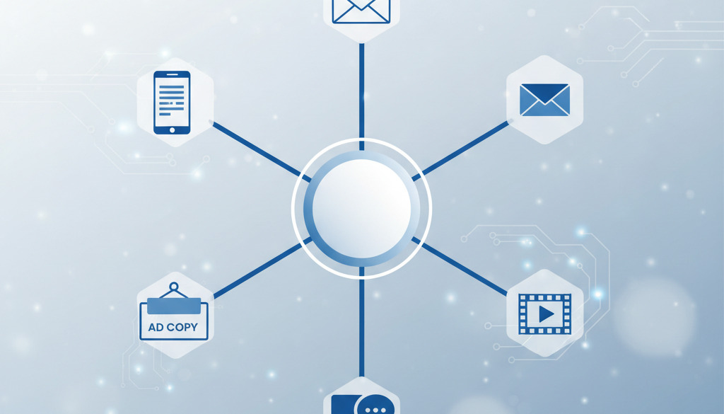 Infographic showing AI-generated content flowing from central ideas to various formats.