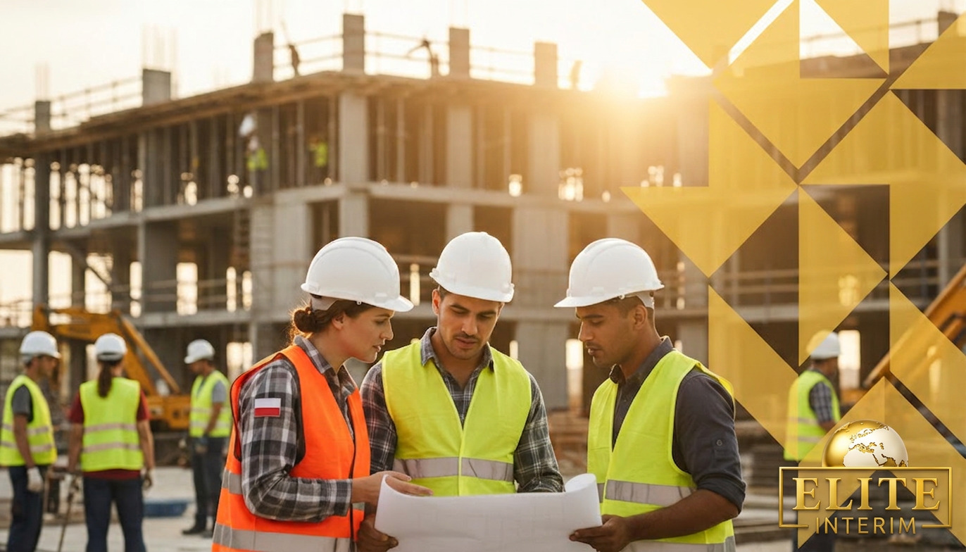Équipe européenne diversifiée sur un grand chantier de construction.