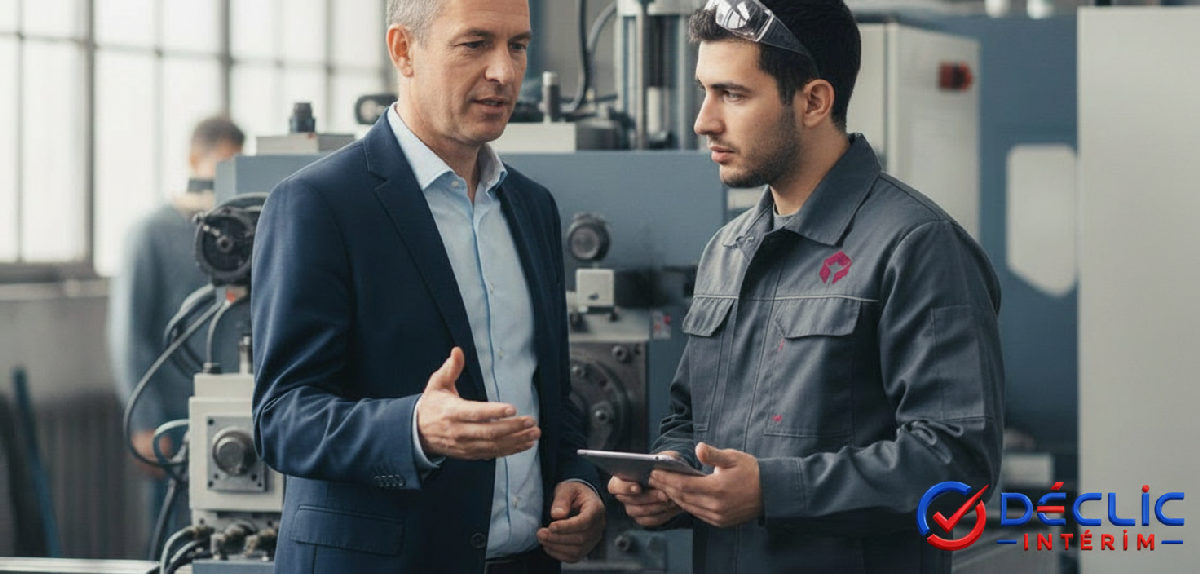 Manager français et technicien roumain discutant devant une machine.