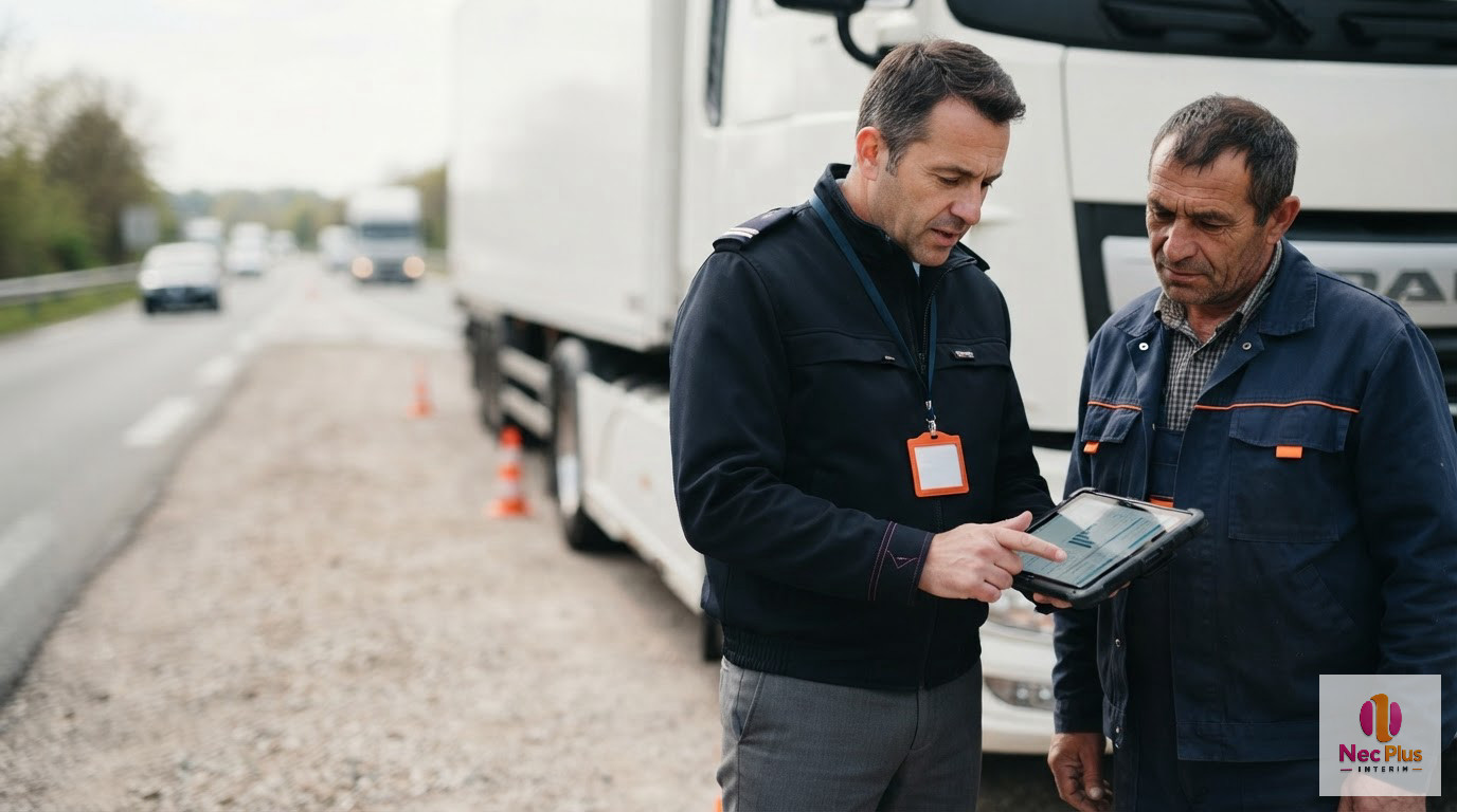 Un inspecteur du travail contrôlant les documents numériques d'un chauffeur sur tablette.