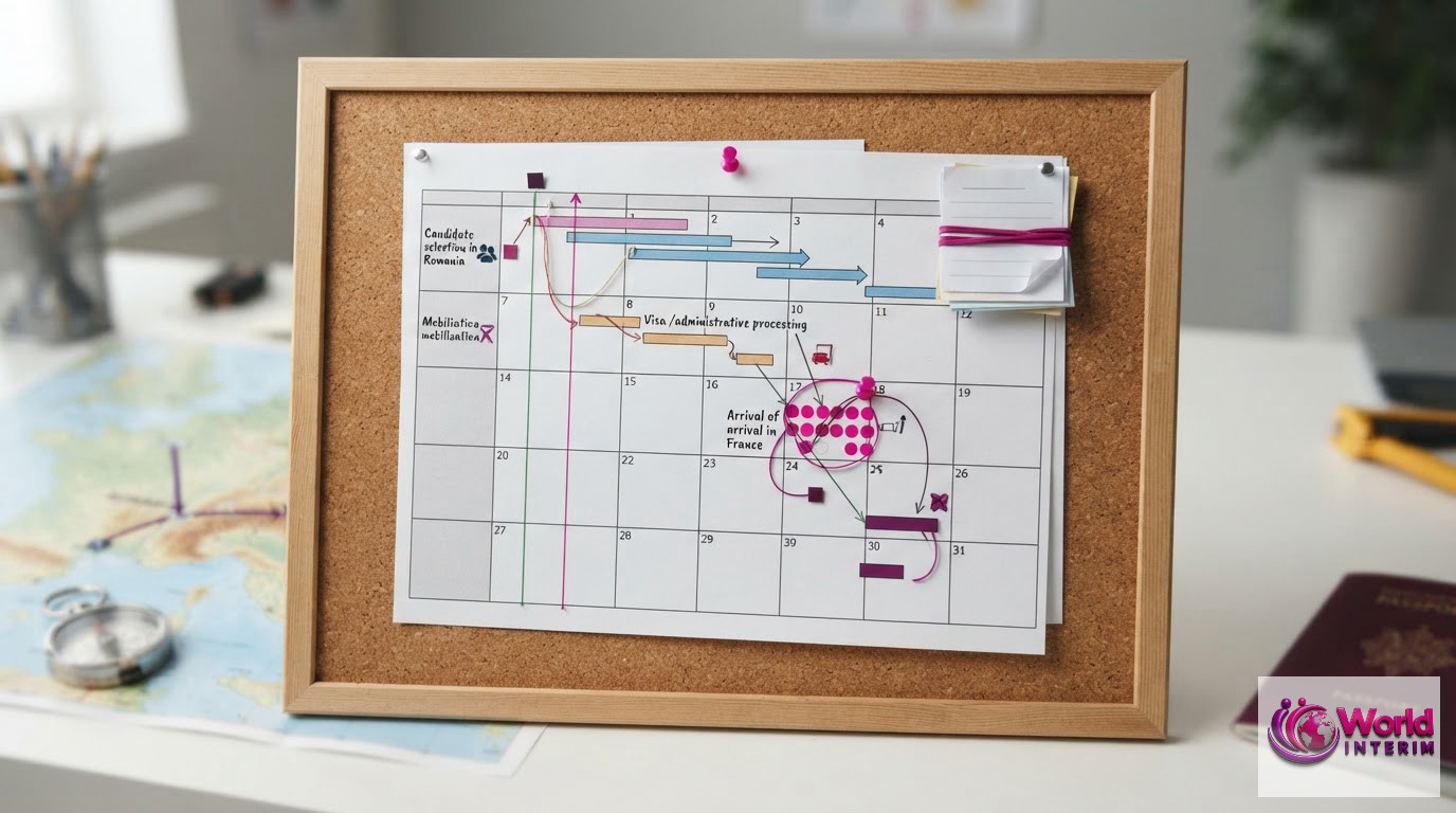 Un calendrier illustrant les étapes de recrutement et d'organisation pour les maçons.
