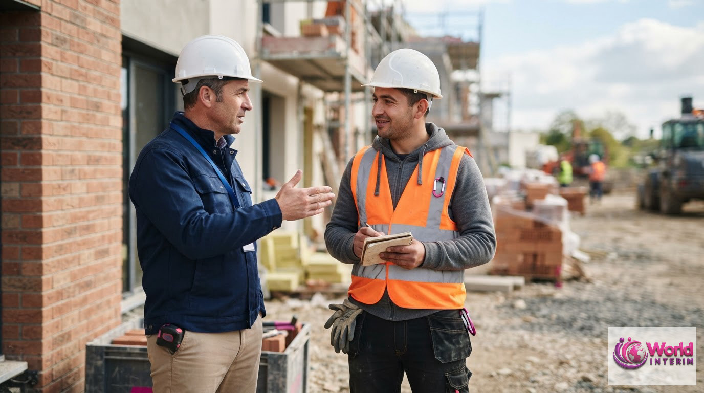 Un chef d'équipe discutant avec un maçon roumain sur un chantier français.