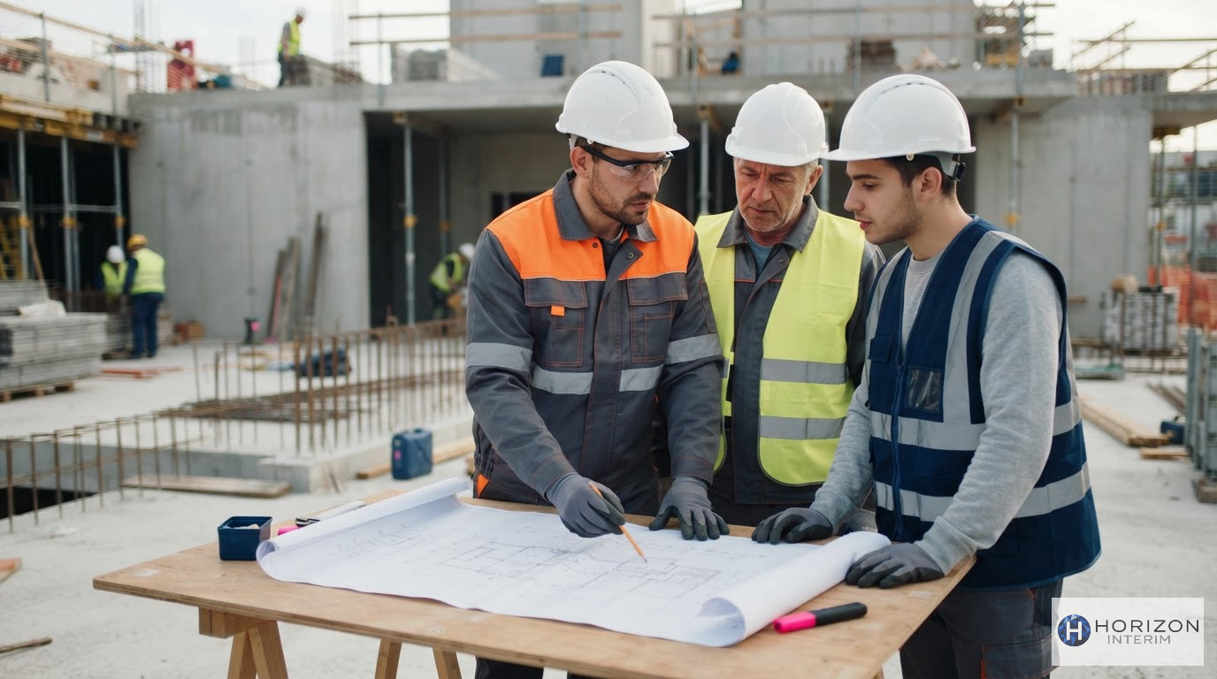 Des ouvriers roumains examinant des plans sur un chantier de construction.