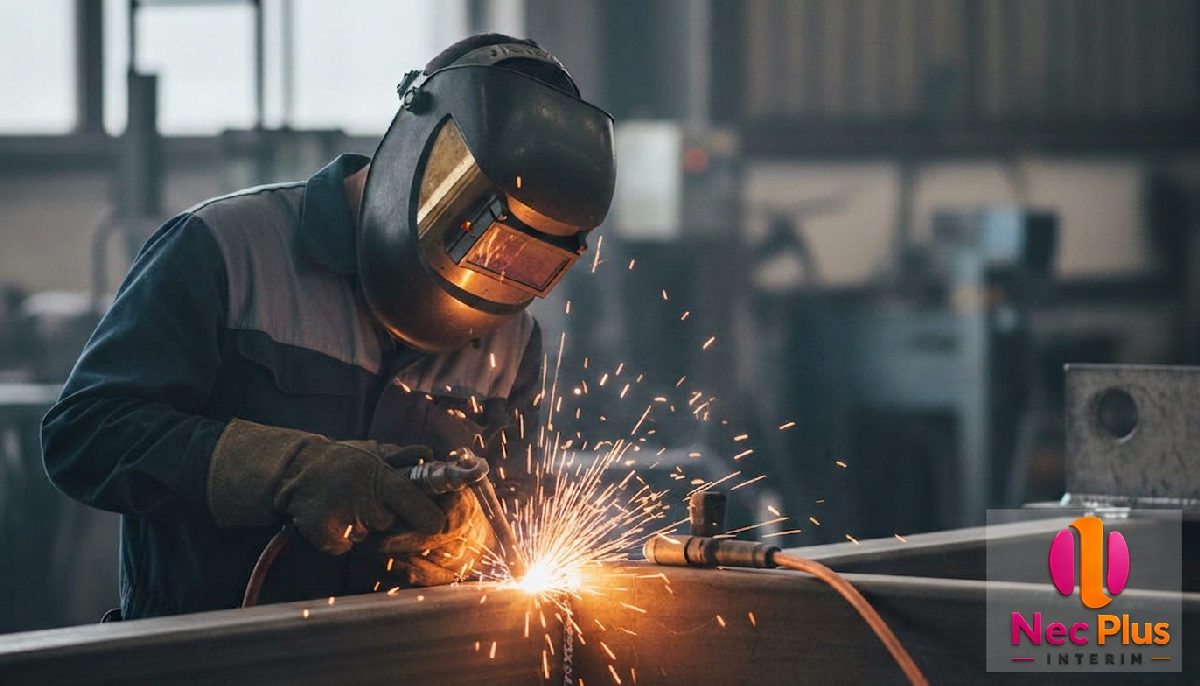 Un soudeur industriel travaillant sur une structure métallique, des étincelles jaillissent.