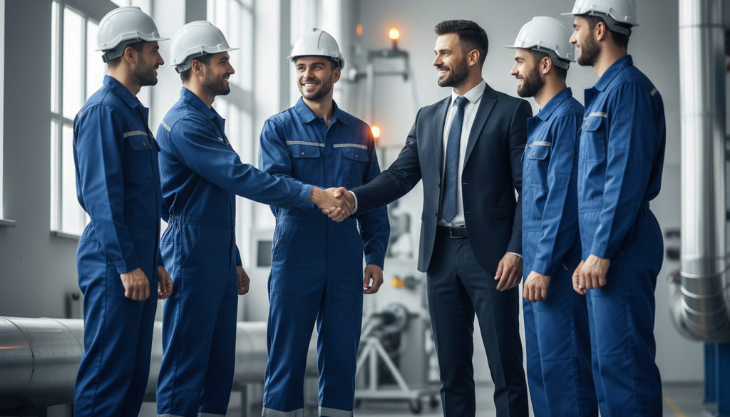 Des ouvriers souriants et un directeur d'usine se serrant la main, symbolisant un partenariat réussi.
