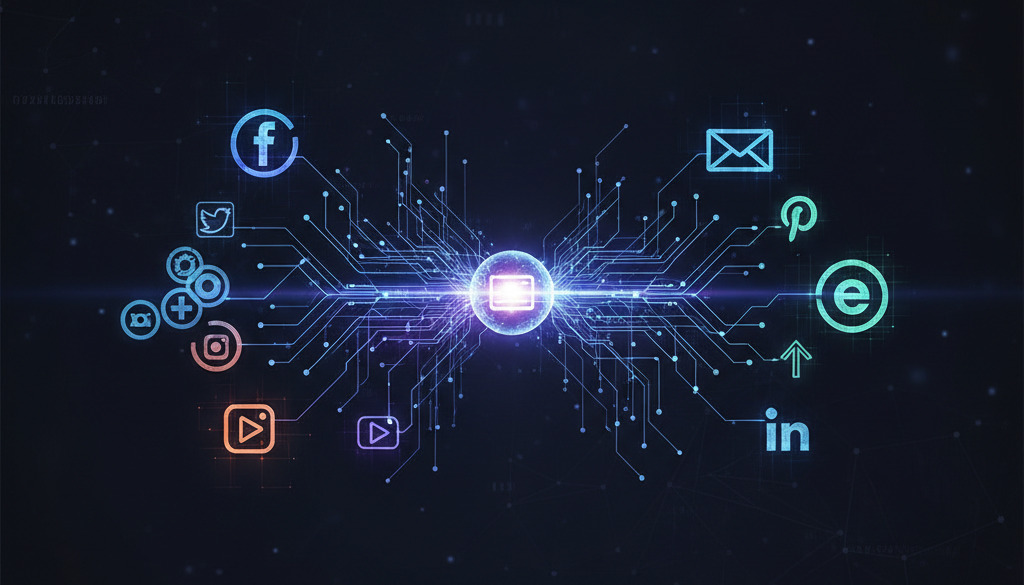 Content mapped to various social media and email channels via digital lines.