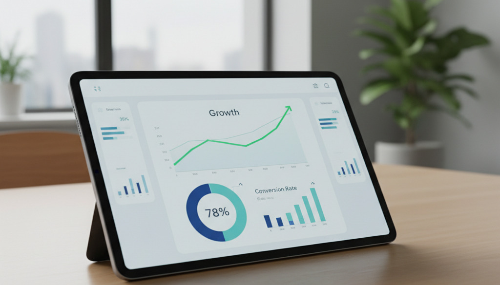 Tablet showing a modern analytics dashboard with growth charts and conversion rates.