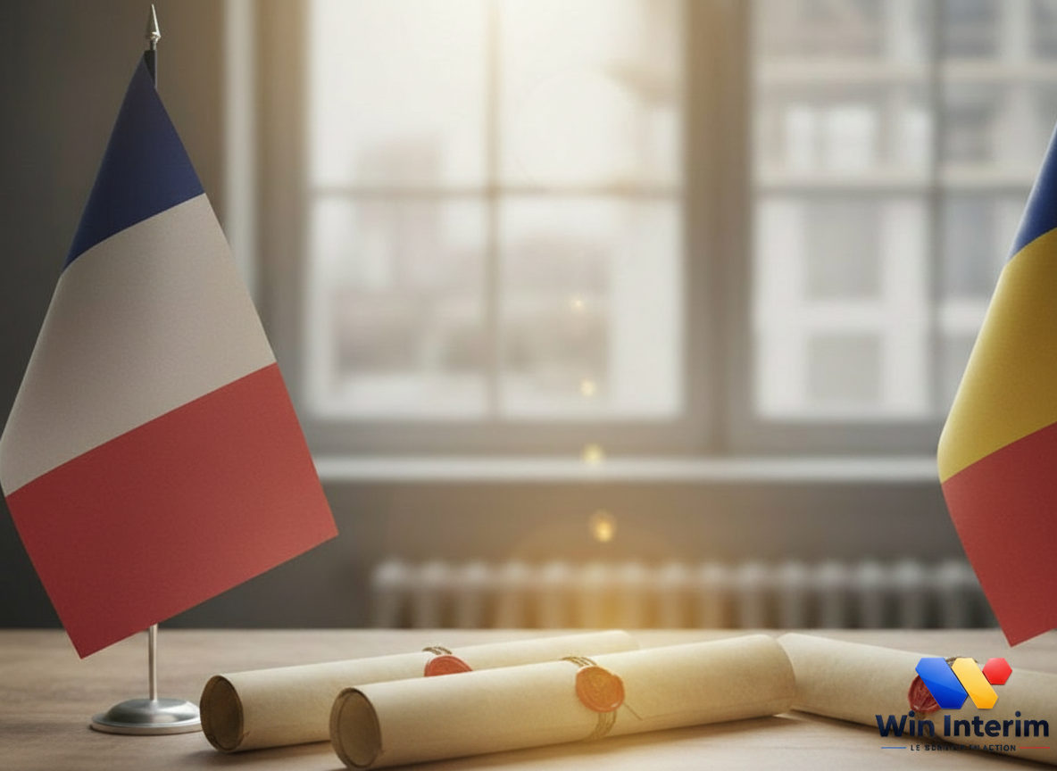 Infographie : drapeaux FR/RO, documents, directive 96/71/CE et certificat A1.