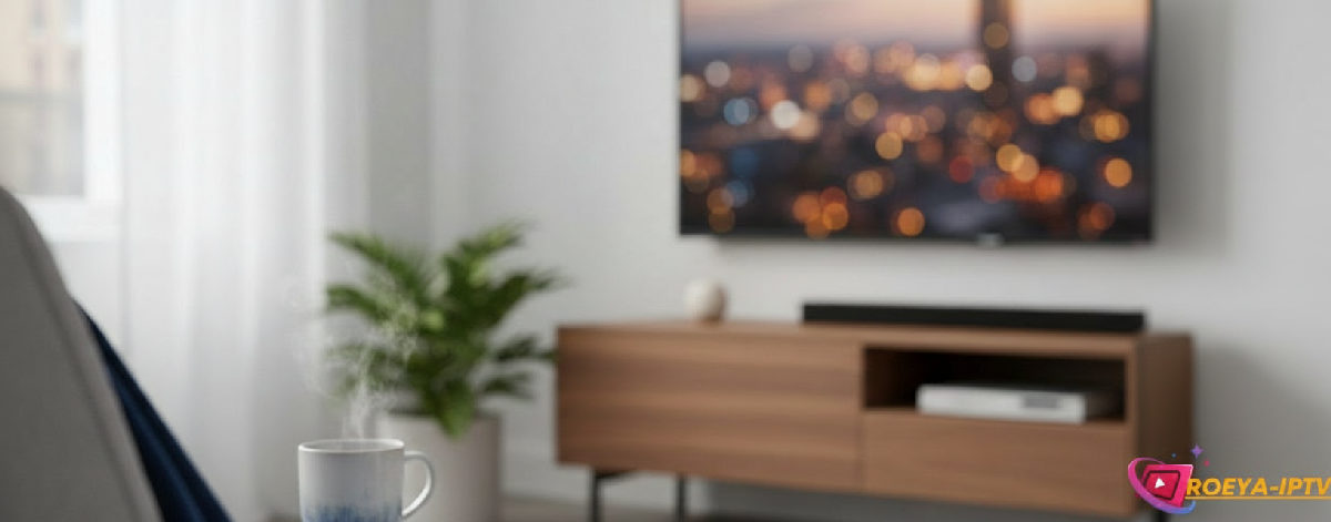Close-up of a TV screen displaying a modern IPTV interface.