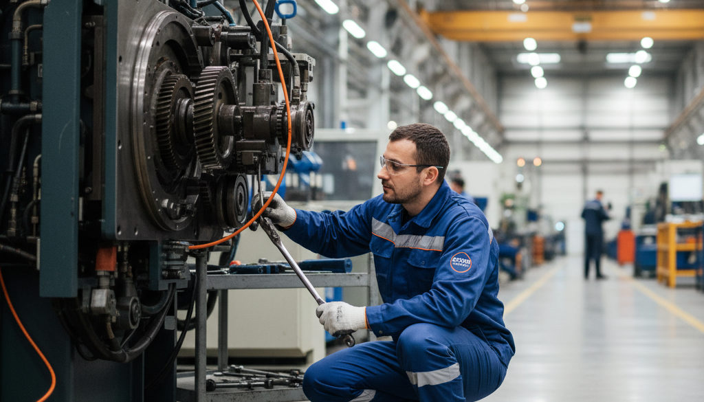 Technicien roumain expert travaillant sur une machine industrielle.
