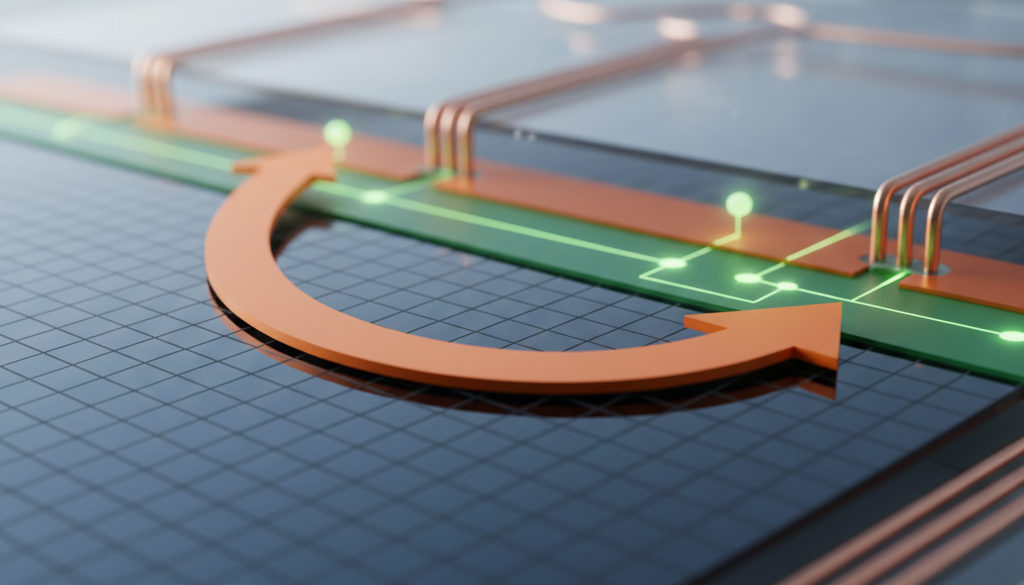 Detail monokrystalického solárního článku a pohyb elektronů.