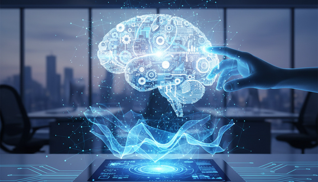 Man in a suit confidently looking at a screen with AI text.