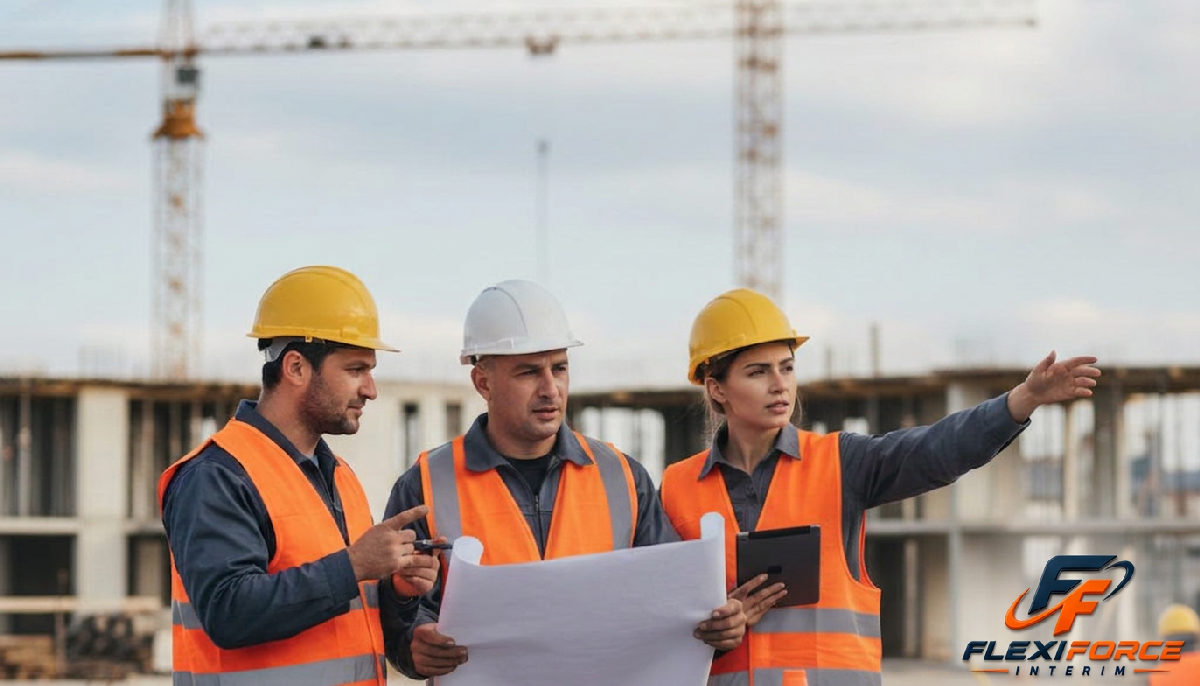 Discussion entre un manager et des ouvriers sur un chantier.