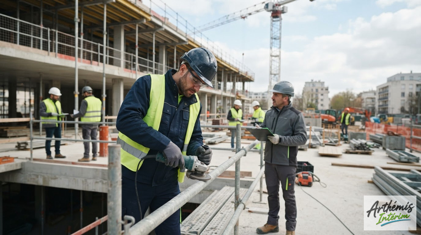 Ouvriers qualifiés travaillant en sécurité sur un chantier de construction français.