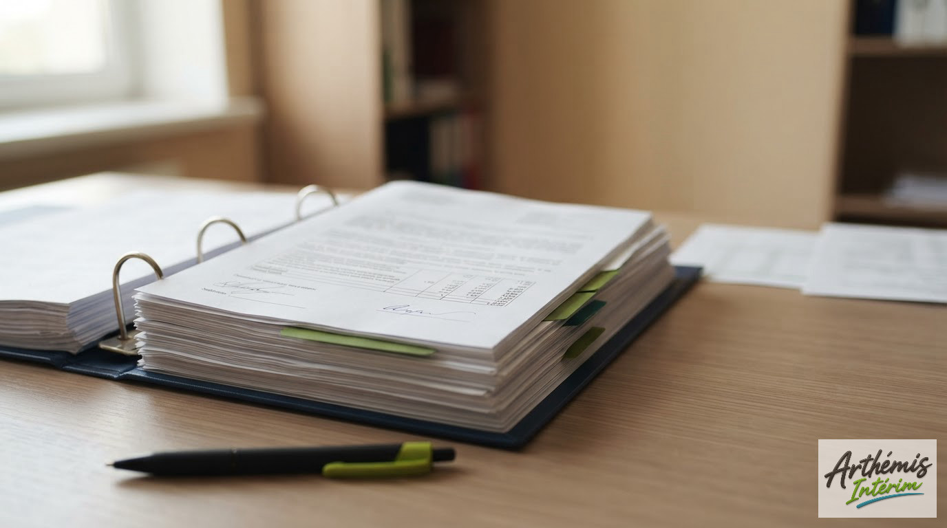 Un classeur organisé contenant des contrats et fiches de paie conformes.