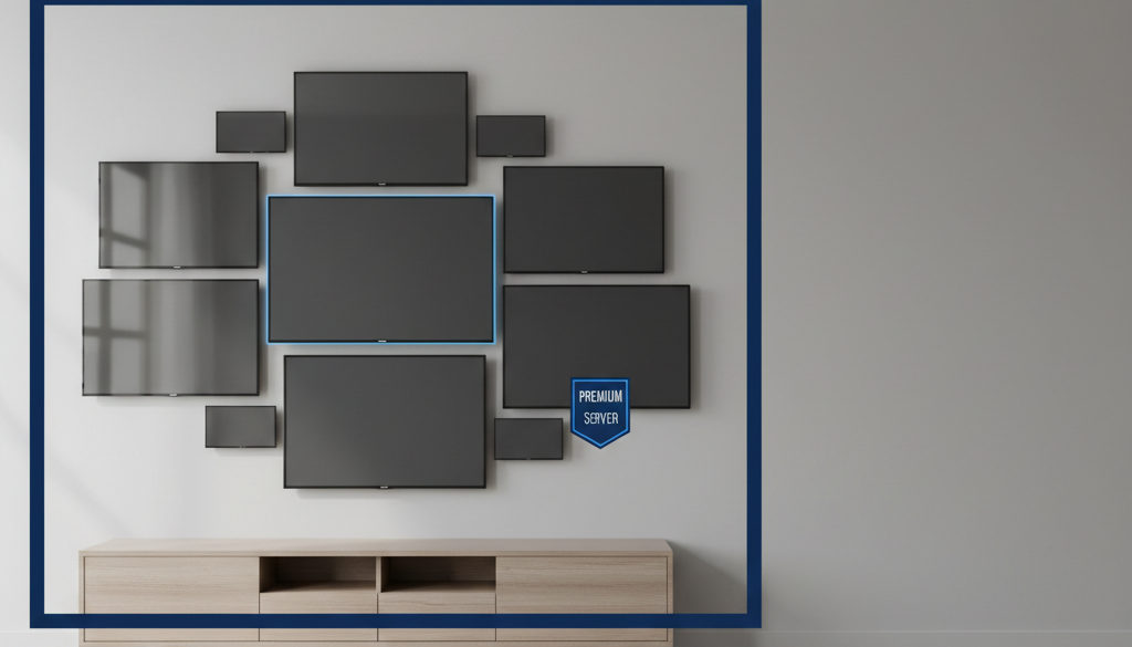 Collage of TV screens with live channels and 'Premium Server' badge.