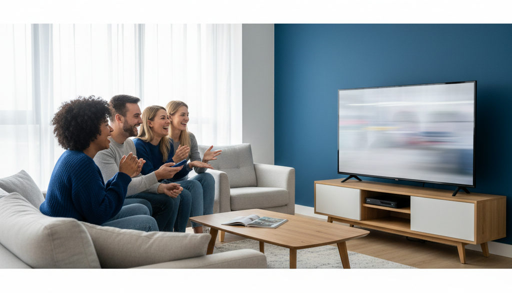 Friends enjoying a sports game on TV using an IPTV box.