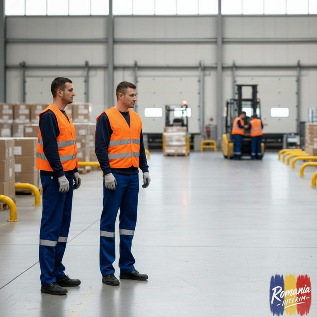 Travailleurs qualifiés roumains dans un entrepôt logistique moderne.