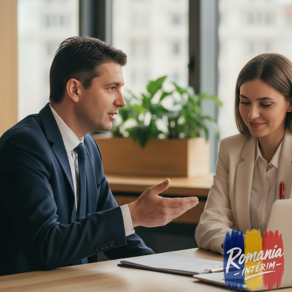 Consultation d'affaires entre un manager français et un expert en recrutement roumain.