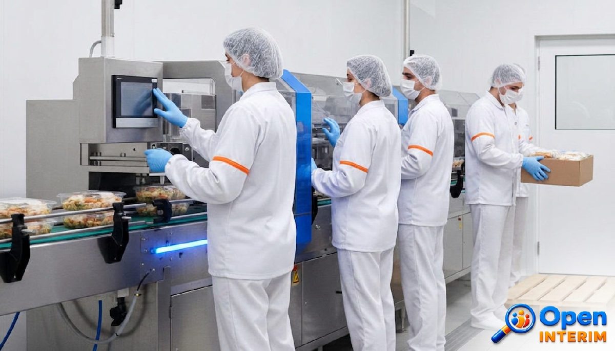 Employés roumains dans une usine agroalimentaire, respectant l'hygiène.