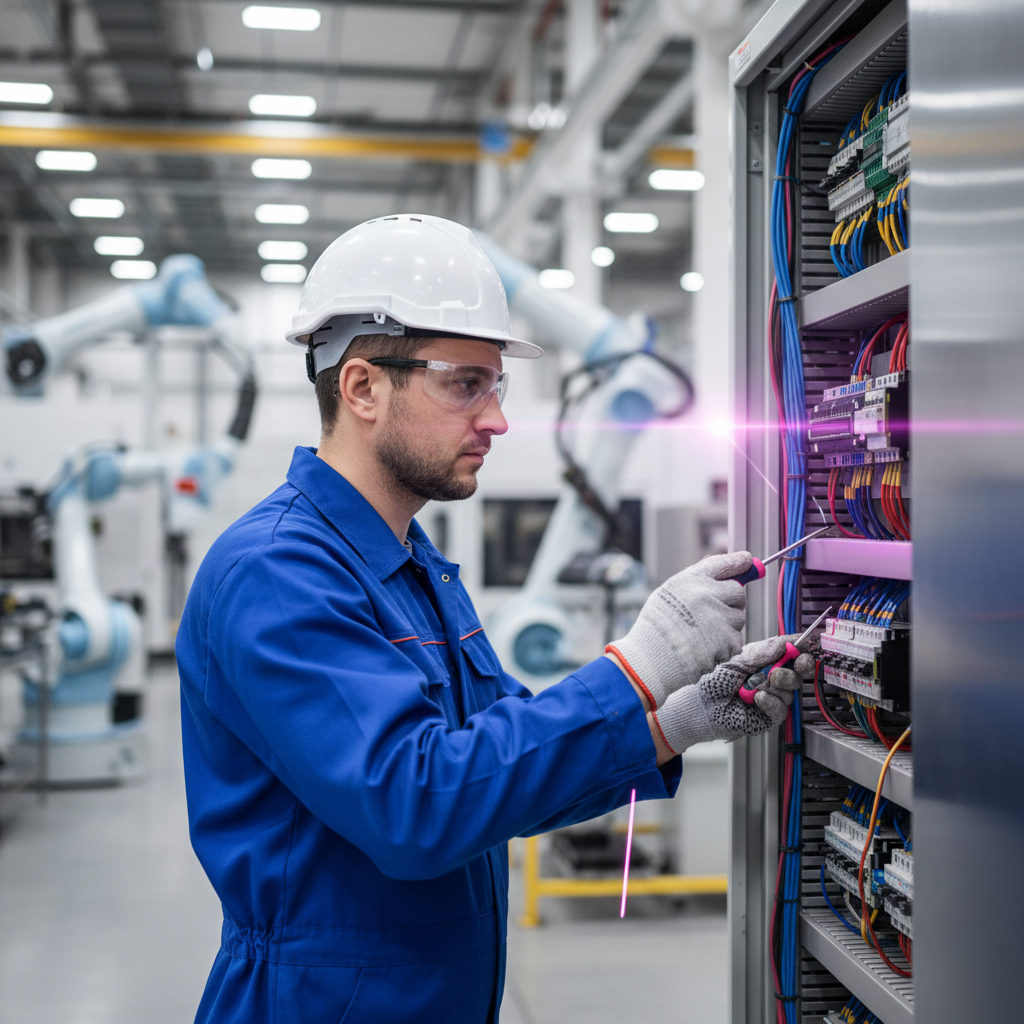 Un technicien électricien industriel roumain travaillant avec précision sur une armoire de commande complexe dans une usine moderne, illustrant les électriciens industriels roumains avantages rh économiques.