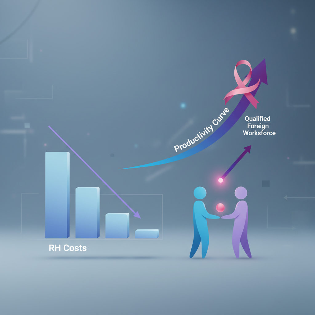 Un graphique stylisé montrant la comparaison des coûts RH et la courbe de productivité croissante grâce à l'apport de main-d'œuvre qualifiée étrangère.