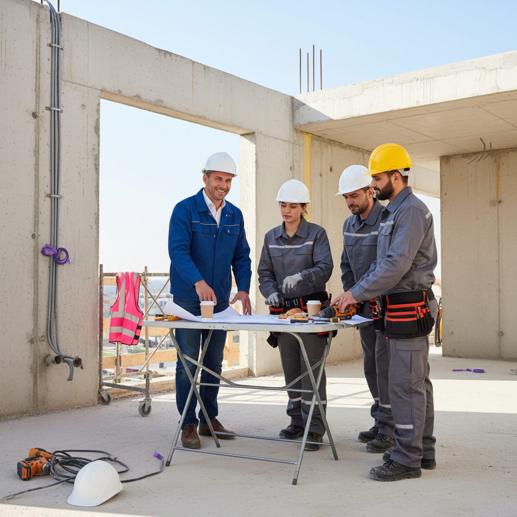 Réunion de chantier conviviale entre un chef de chantier français et des électriciens roumains, montrant une intégration réussie et professionnelle.