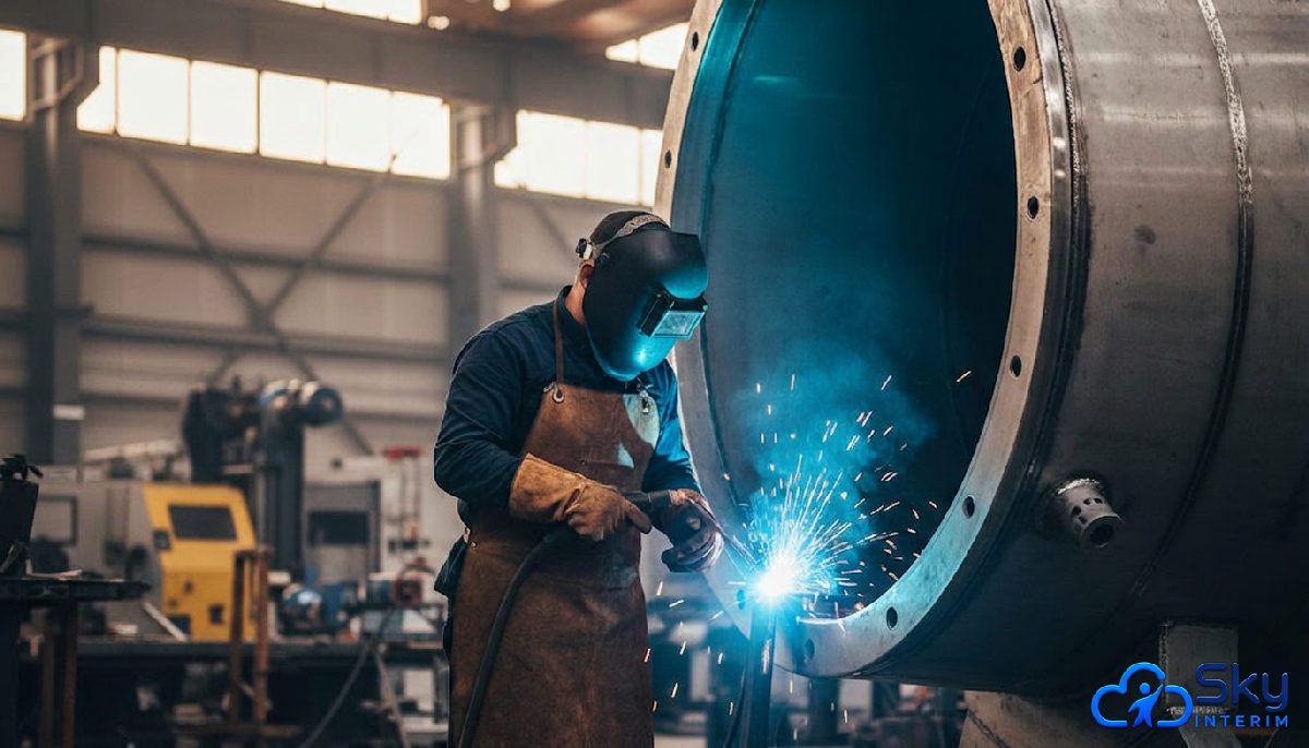 détachement chaudronniers roumains industrie - Chaudronnier expérimenté soudant une cuve dans un atelier.